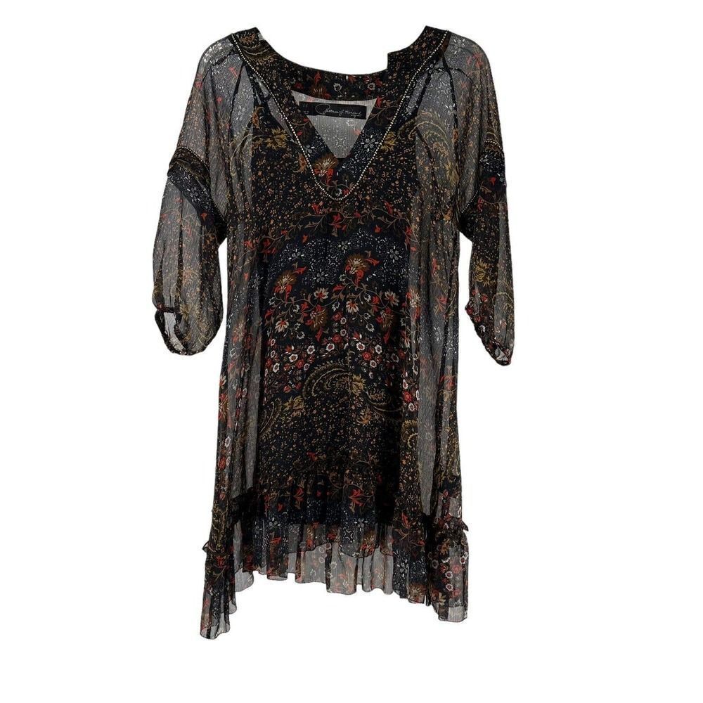 Patterson J Kincaid Originals Dress Black Bohemian Ruffle Floral 3/4 Sleeve XS